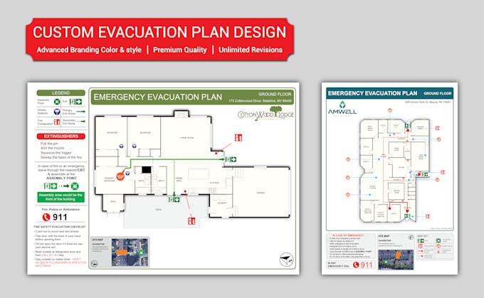 I will design a custom fire emergency evacuation plan for your floor plan