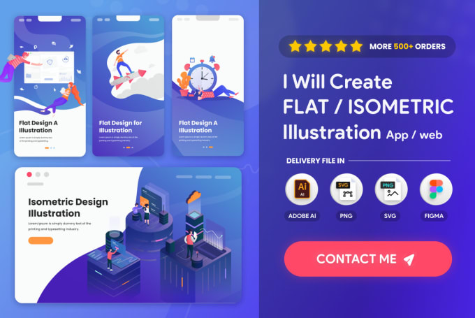 I will make a flat illustration or isometric app web and onboarding